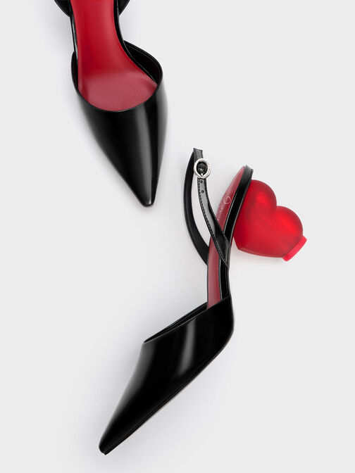 Sepatu Slingback Pumps Heart Heel, Black, hi-res