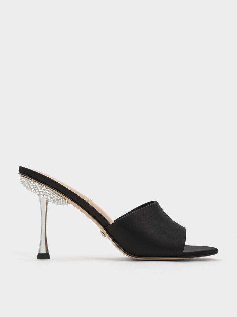 Sepatu Mules Demi Recycled Polyested Metallic Heel, Black, hi-res
