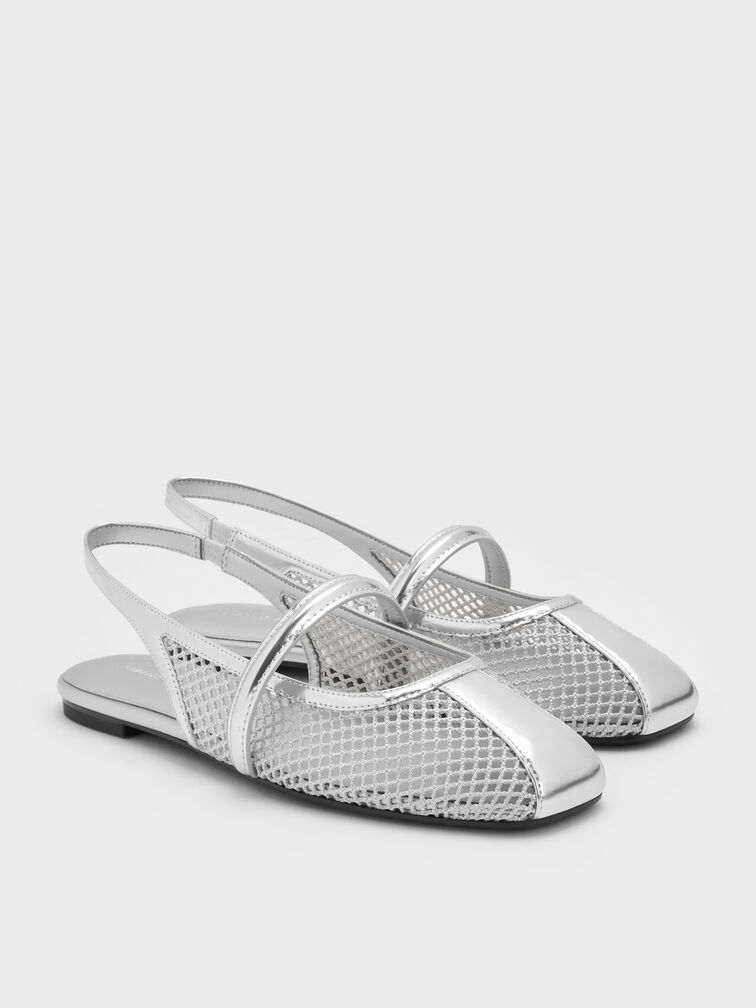 Sepatu Flats Mary Jane Slingback Mesh Ellory, Silver, hi-res