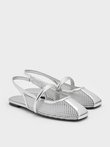 Sepatu Flats Mary Jane Slingback Mesh Ellory, Silver, hi-res