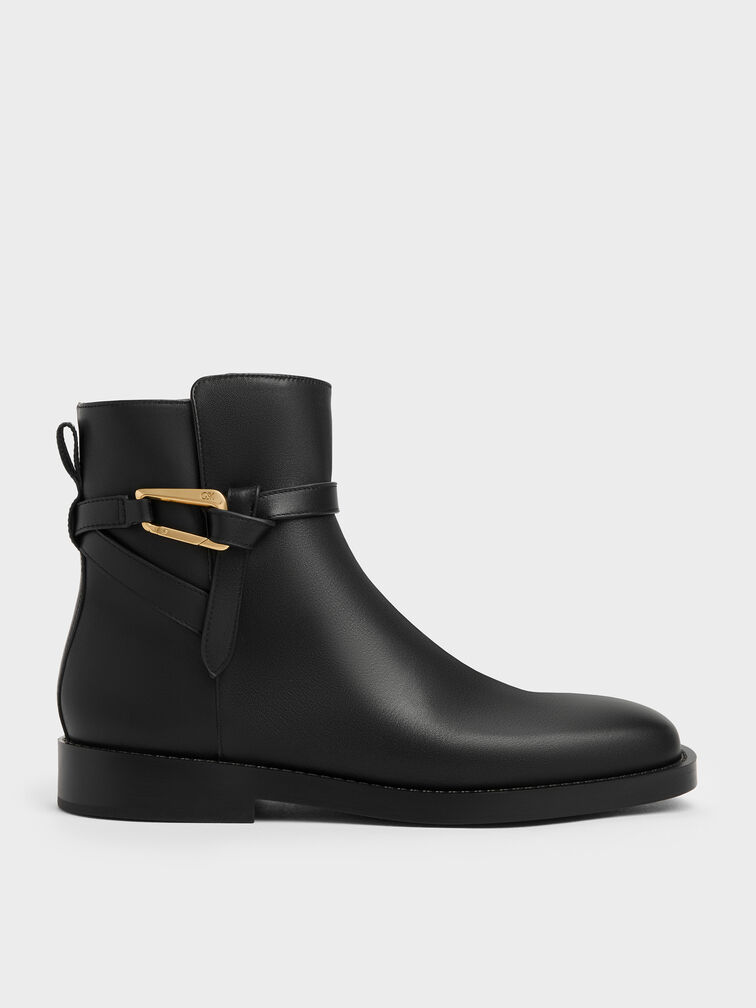 Sepatu Ankle Boots Daena Leather Metallic-Accent, Black, hi-res