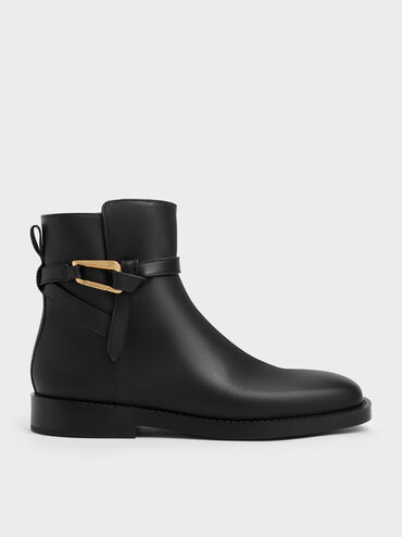 Sepatu Ankle Boots Daena Leather Metallic-Accent, Black, hi-res