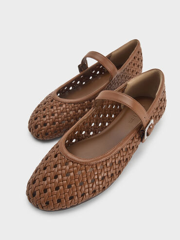 Sepatu Flats Mary Jane Woven, Brown, hi-res