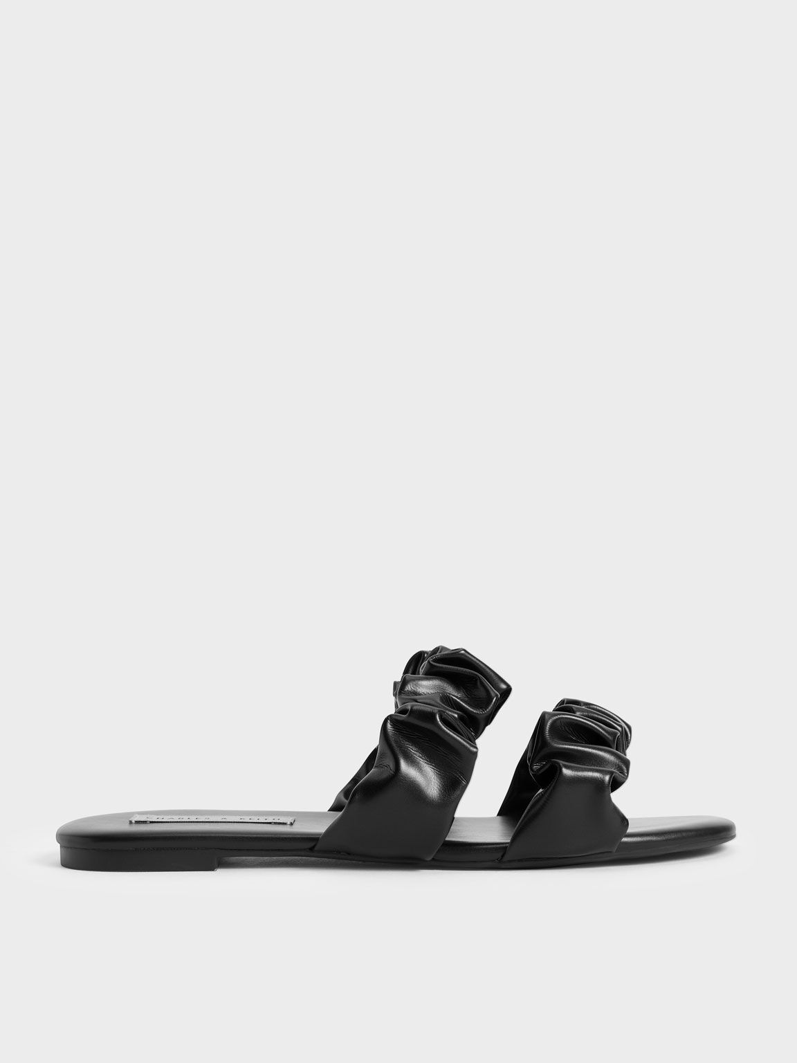 Ruched Strap Slide Sandals, Black, hi-res
