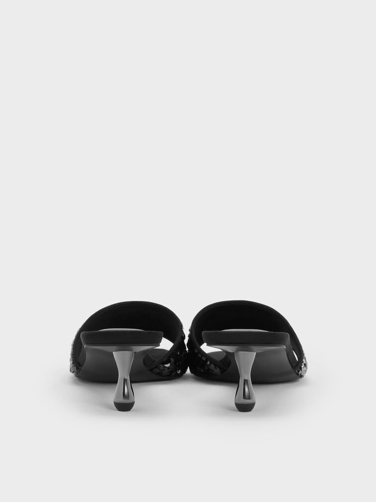 Sepatu Mules Heeled Ruthie Sequinned, Black Textured, hi-res