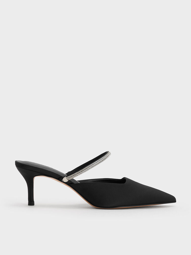 Sepatu Mules Pointed-Toe Braided-Strap Metallic, Black Textured, hi-res