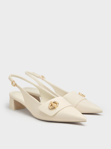 Sepatu Slingback Pumps Pointed-Toe Metallic-Accent, Chalk, hi-res