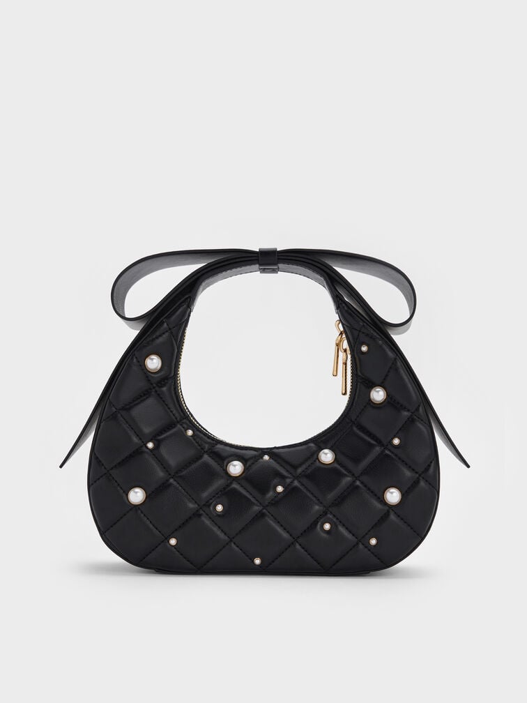 Tas Crescent Bow-Handle Janie Quilted Pearl-Embellished, Black, hi-res