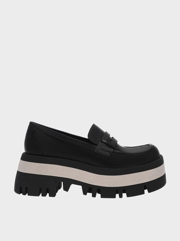 Sepatu Rainier Chunky Platform Penny Loafers, Black, hi-res