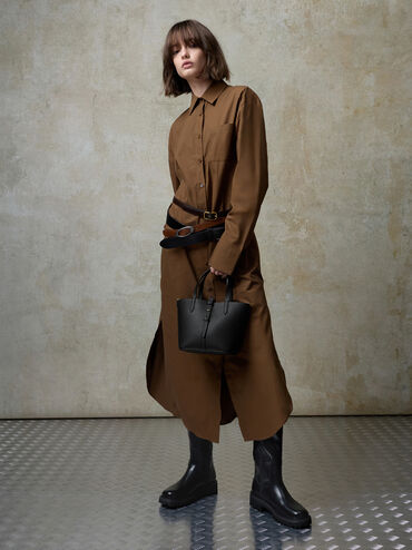 Tas Bucket Belted Double-Handle Recycled Leather Beryl, Black, hi-res