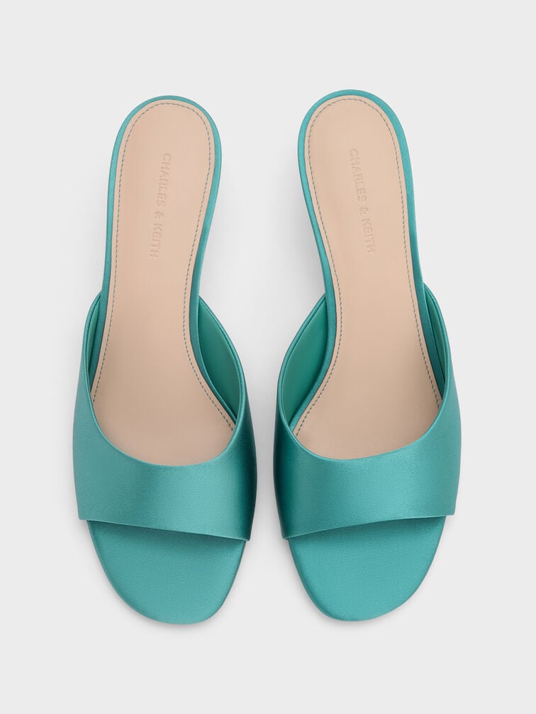Sepatu Mules Crystal-Heel Satin, Teal, hi-res