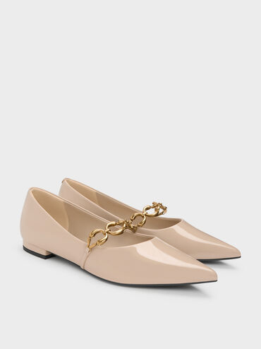 Sepatu Flats Ballet Metallic-Accent Patent, Nude, hi-res