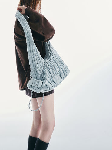 Gantungan Tas Ruched Micro Nylon Klio, Sea Salt Blue, hi-res