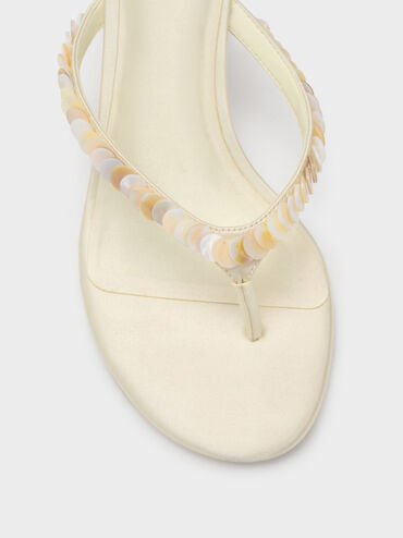 Sandal Thong Heeled Sequinned Briella, Cream, hi-res