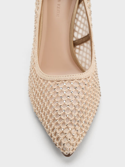 Sepatu Pumps Pointed-Toe Mesh Crystal-Embellished, Gold, hi-res