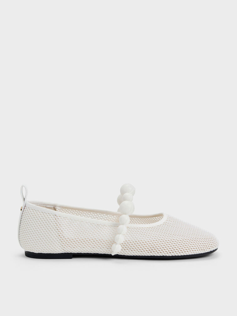Sepatu Flats Mary Jane Beaded Mesh Leather, Chalk, hi-res