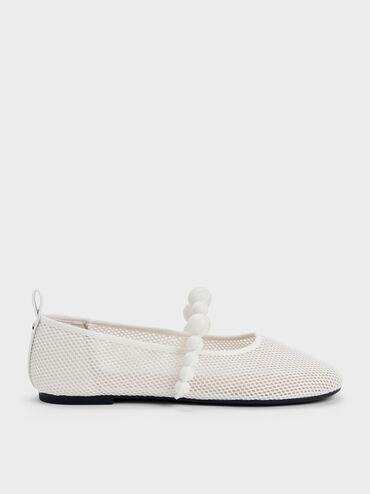 Sepatu Flats Mary Jane Beaded Mesh Leather, Chalk, hi-res