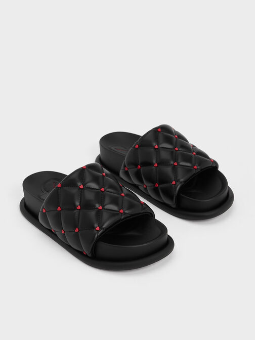 Sandal Padded Quilted Heart-Print Dahlia, Black, hi-res