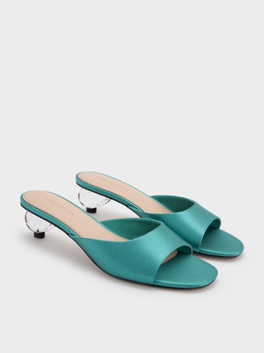 Sepatu Mules Crystal-Heel Satin, Teal, hi-res