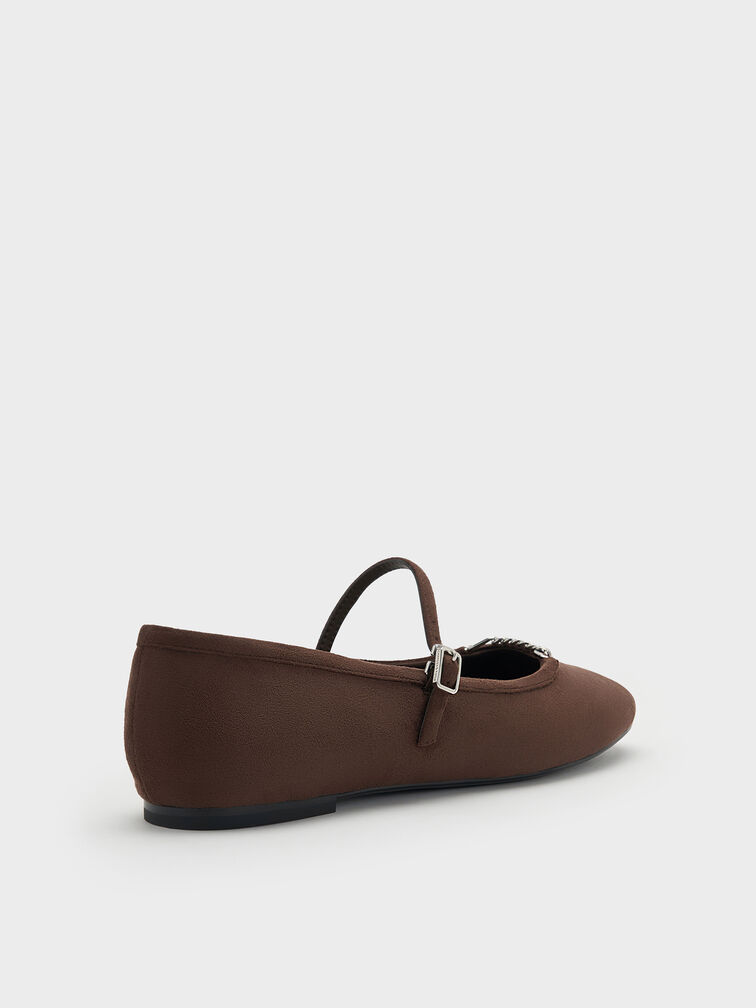 Sepatu Mary Jane Flats Shila Chain Faux Suede, Dark Brown Textured, hi-res