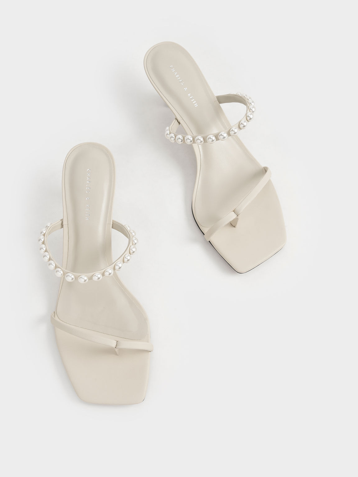Sandal Thong Heeled Pearl-Embellished, Chalk, hi-res