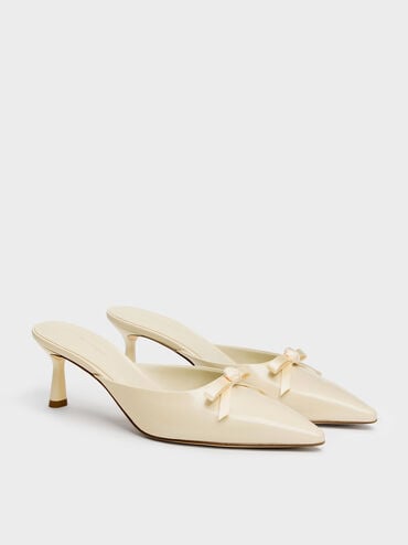 Rose-Bow Pointed Heeled Mules, Beige, hi-res