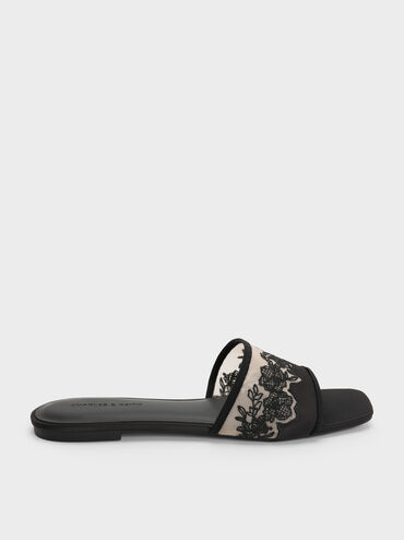 Sandal Selip Embroidered-Mesh Satin, Black Textured, hi-res