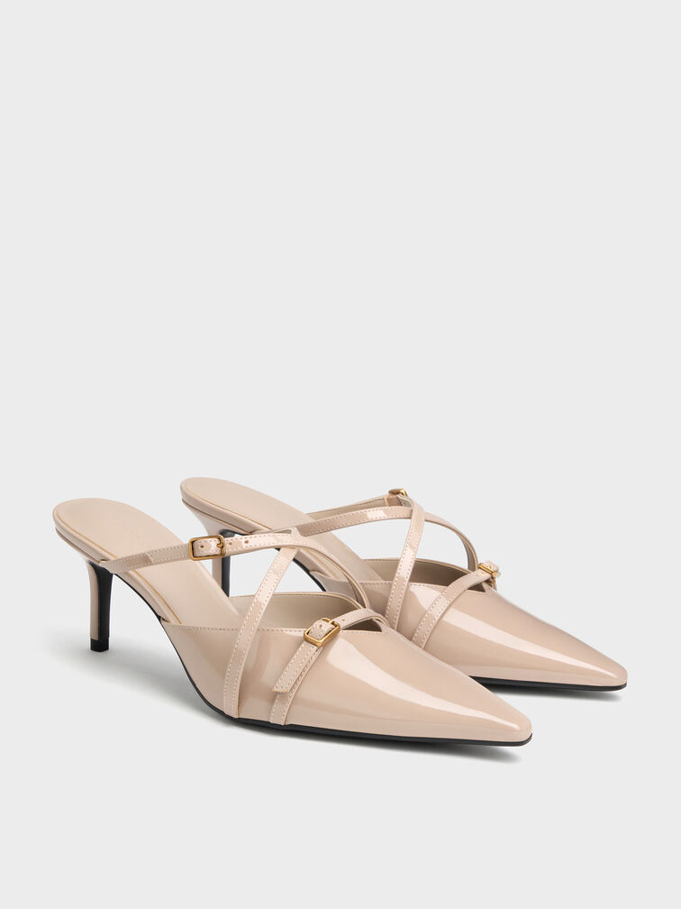 Sepatu Mules Heeled Pointed Patent Maybelle, Nude, hi-res