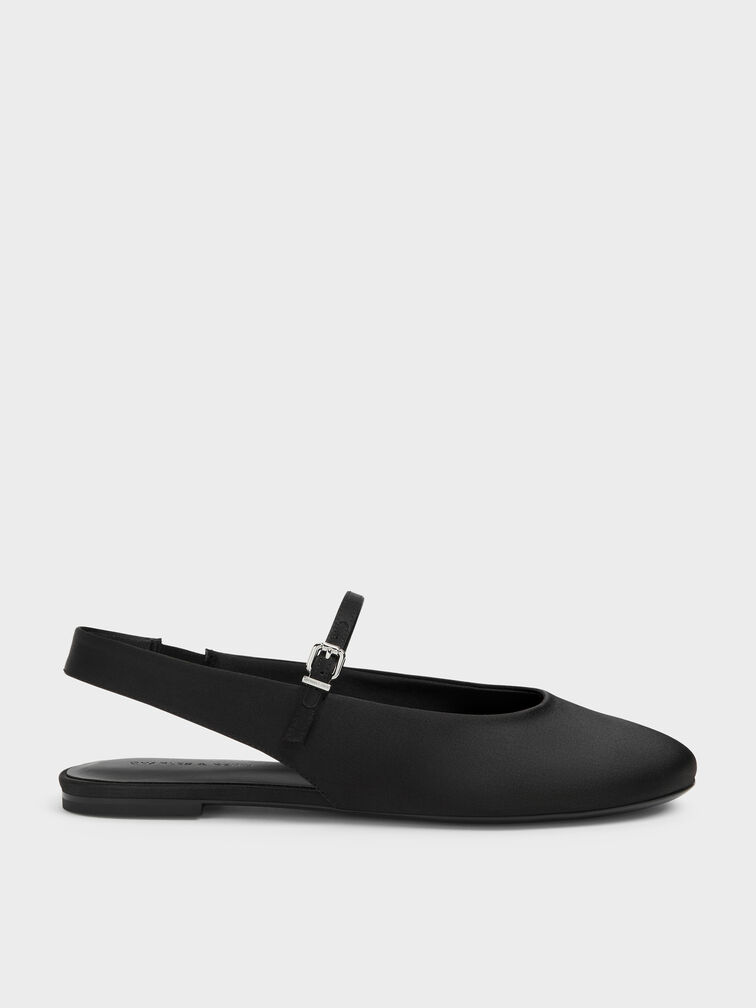 Imani Satin Slingback Flats, Black Textured, hi-res