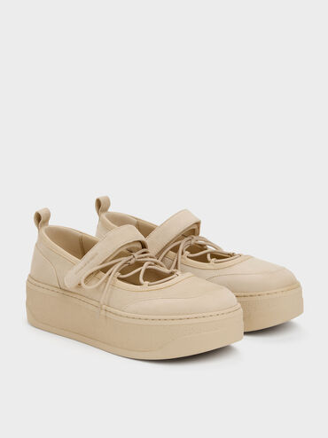 Sepatu Sneakers Platform Mary Jane Faux Suede, Beige, hi-res