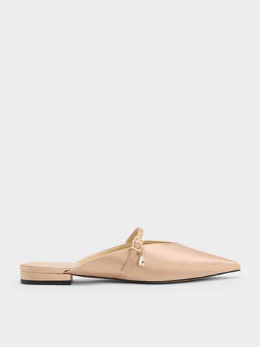 Sepatu Mules Teardrop-Crystal Flat Satin, Gold, hi-res