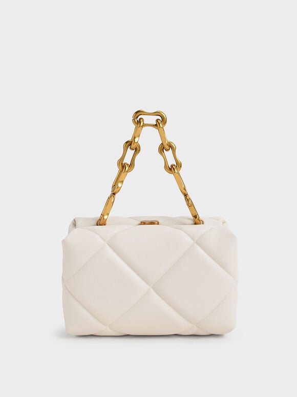 Gemma Chunky Chain Handle Quilted Boxy Bag, Cream, hi-res