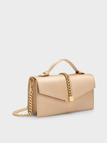 Taisia Satin Chain-Strap Envelope Bag, Champagne, hi-res