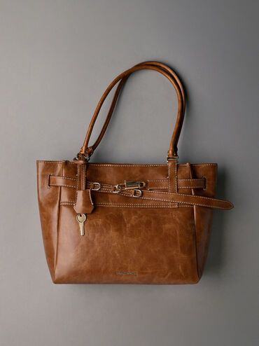 Delfina Belted Tote Bag, Distressed Tan, hi-res