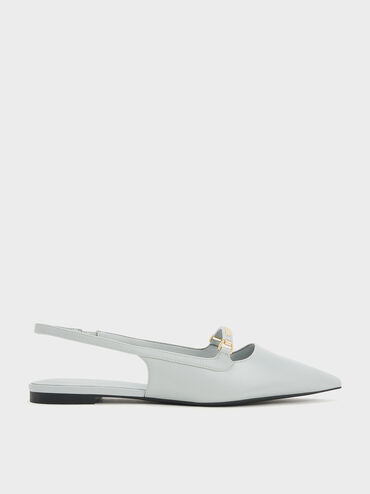 Sepatu Flats Slingback Metallic Bar Accent, Light Grey, hi-res