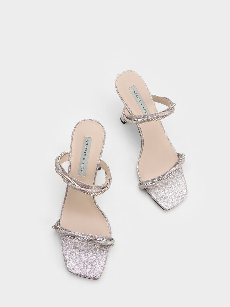 Sandal Embellished Twisted Strap Satin, Silver, hi-res