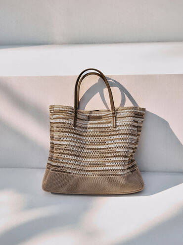 Tas Tote Knitted Multi-Stripe Ida XL, Multi Brown, hi-res