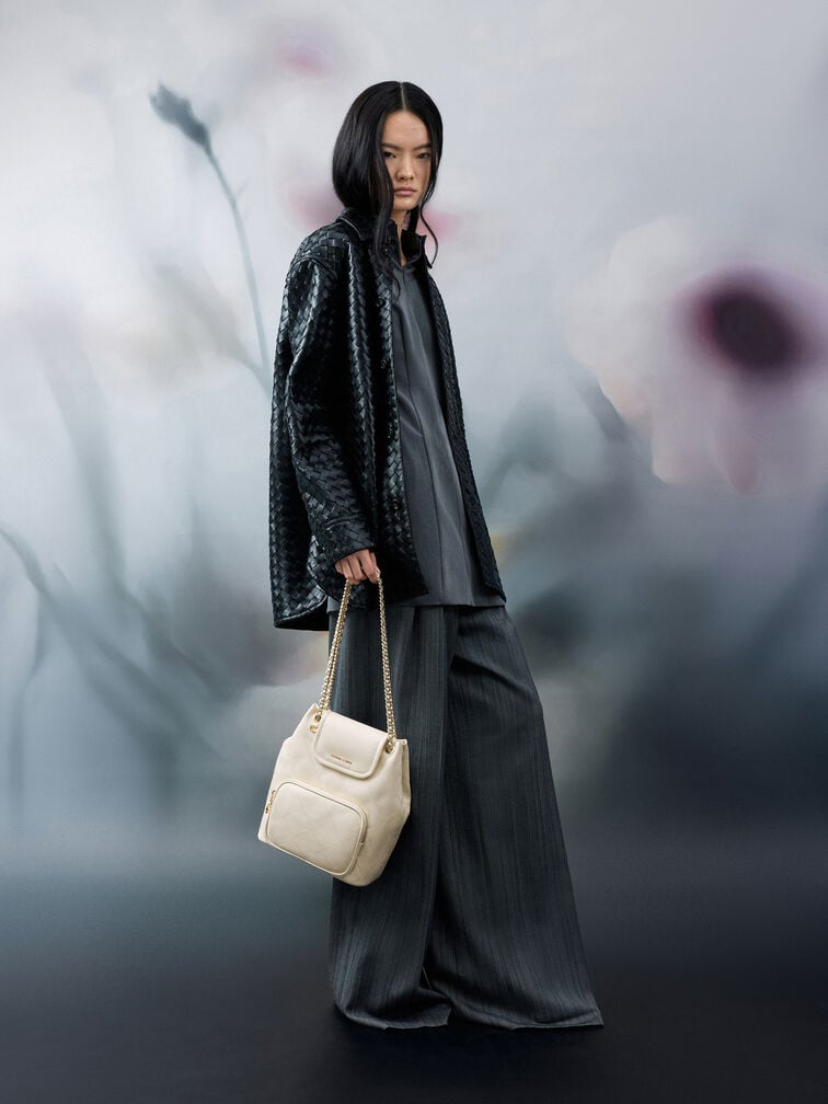 Tas Bucket Flont-Flap Quilted Apfra, Cream, hi-res