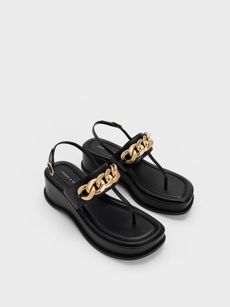 Chain-Link Thong Sandals, Black, hi-res