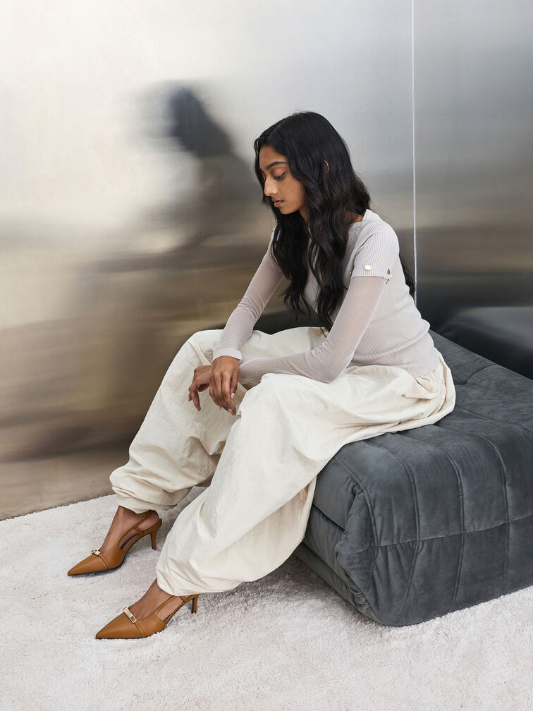 Metallic-Bar Pointed Slingback Pumps, Cognac, hi-res