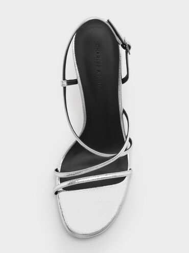 Metallic Strappy Stiletto-Heel Slingback Sandals, Silver, hi-res
