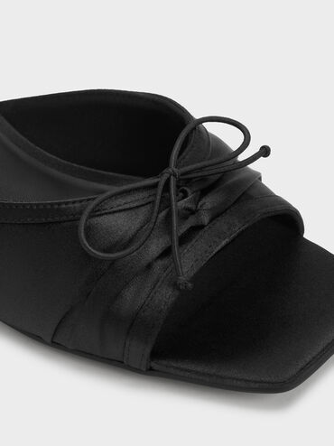 Sepatu Heeled Mules Ruched Bow Satin, Black Textured, hi-res