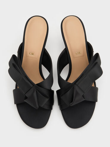 Sepatu Mules Heeled Pleated-Bow, Black Textured, hi-res