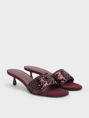 Ruthie Sequinned Heeled Mules, Burgundy, hi-res