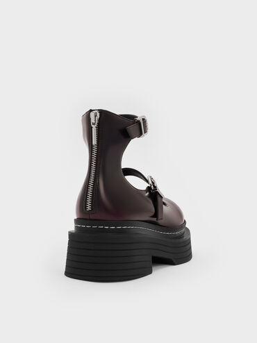 Sepatu Mary Janes Platform Ankle-Strap Buckled, Burgundy, hi-res