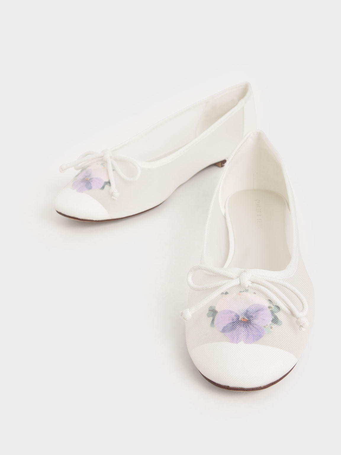 Mesh & Floral Print Bow Ballerinas, White, hi-res