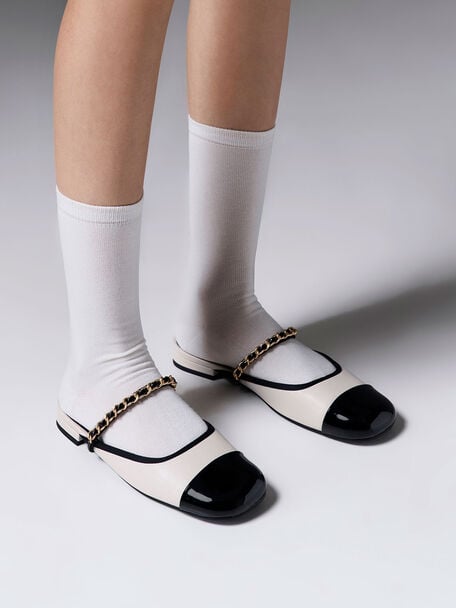 Sepatu Mules Chain-Strap Two-Tone Patent, White, hi-res