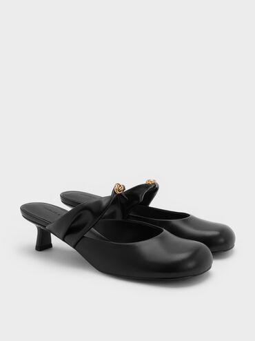 Sepatu Mules Heeled Twisted-Strap Metallic-Accent, Black, hi-res