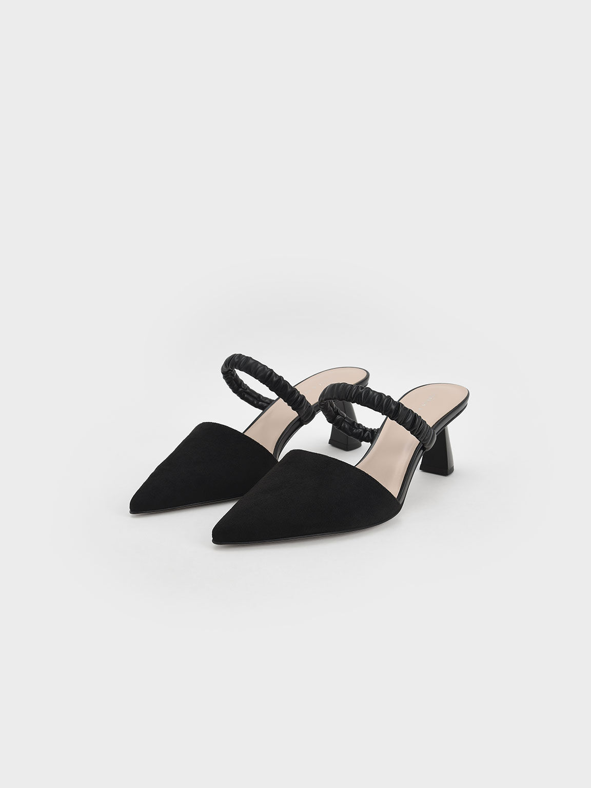 Ruched Strap Textured Mules, Black, hi-res