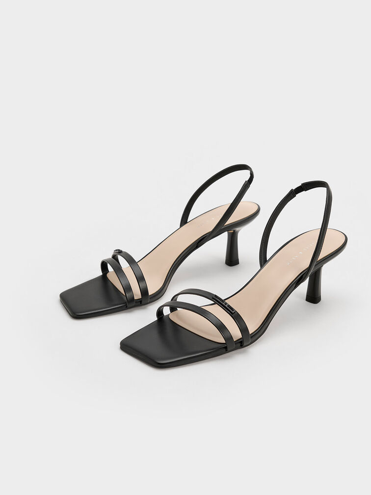 Double Strap Slingback Heeled Sandals, Black, hi-res